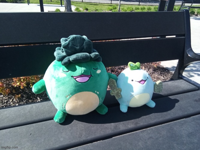 The Sprouts on a bench | image tagged in plushies,sprouts,quest,momma,bench,relaxing | made w/ Imgflip meme maker