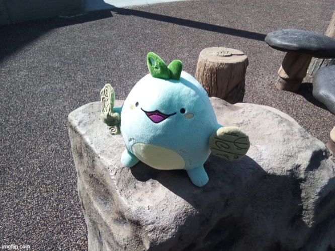 Quest Sprout on a mountain | image tagged in plushie,sprout,quest,mountain | made w/ Imgflip meme maker