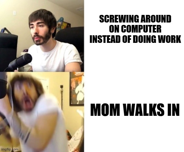 Penguinz0 | SCREWING AROUND ON COMPUTER INSTEAD OF DOING WORK; MOM WALKS IN | image tagged in penguinz0 | made w/ Imgflip meme maker