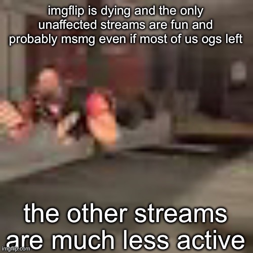 heby from tea forest two | imgflip is dying and the only unaffected streams are fun and probably msmg even if most of us ogs left; the other streams are much less active | image tagged in heby from tea forest two | made w/ Imgflip meme maker