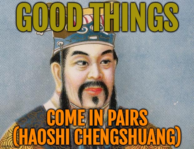 Good Things Come In Pairs (Haoshi Chengshuang) | GOOD THINGS; COME IN PAIRS
(HAOSHI CHENGSHUANG) | image tagged in confucious say,proverb,chinese,philosopher,prophet,inspirational quote | made w/ Imgflip meme maker