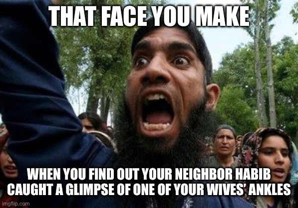 Angry Muslim | THAT FACE YOU MAKE; WHEN YOU FIND OUT YOUR NEIGHBOR HABIB CAUGHT A GLIMPSE OF ONE OF YOUR WIVES’ ANKLES | image tagged in angry muslim | made w/ Imgflip meme maker