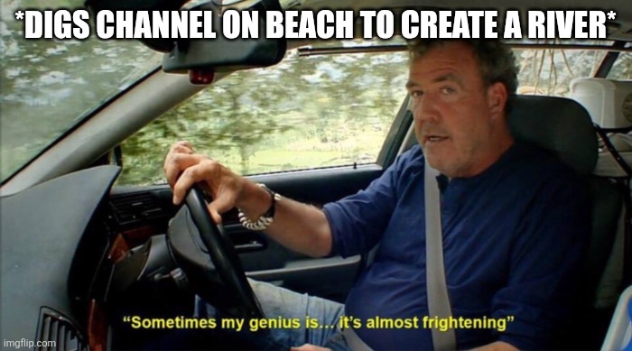 ATTENTION all TG and GT fans | *DIGS CHANNEL ON BEACH TO CREATE A RIVER* | image tagged in sometimes my genius is it's almost frightening | made w/ Imgflip meme maker