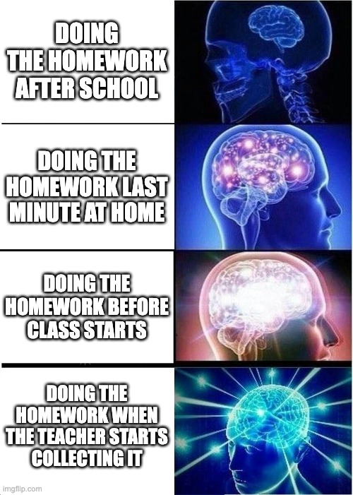 Ways to do Homework | DOING THE HOMEWORK AFTER SCHOOL; DOING THE HOMEWORK LAST MINUTE AT HOME; DOING THE HOMEWORK BEFORE CLASS STARTS; DOING THE HOMEWORK WHEN THE TEACHER STARTS COLLECTING IT | image tagged in memes,expanding brain | made w/ Imgflip meme maker