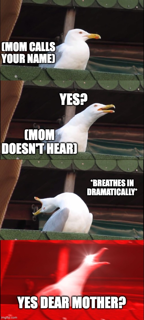 Is it relatable? | (MOM CALLS YOUR NAME); YES? (MOM DOESN'T HEAR); *BREATHES IN DRAMATICALLY*; YES DEAR MOTHER? | image tagged in memes,inhaling seagull | made w/ Imgflip meme maker