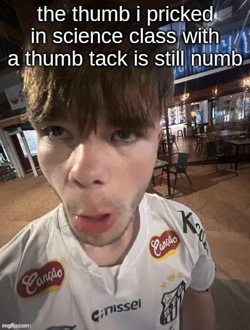Why The Long Face 2.0 | the thumb i pricked in science class with a thumb tack is still numb | image tagged in why the long face 2 0 | made w/ Imgflip meme maker