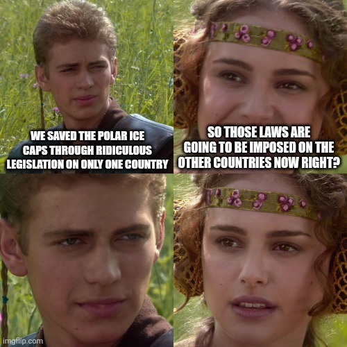 Anakin Padme 4 Panel | WE SAVED THE POLAR ICE CAPS THROUGH RIDICULOUS LEGISLATION ON ONLY ONE COUNTRY SO THOSE LAWS ARE GOING TO BE IMPOSED ON THE OTHER COUNTRIES  | image tagged in anakin padme 4 panel | made w/ Imgflip meme maker