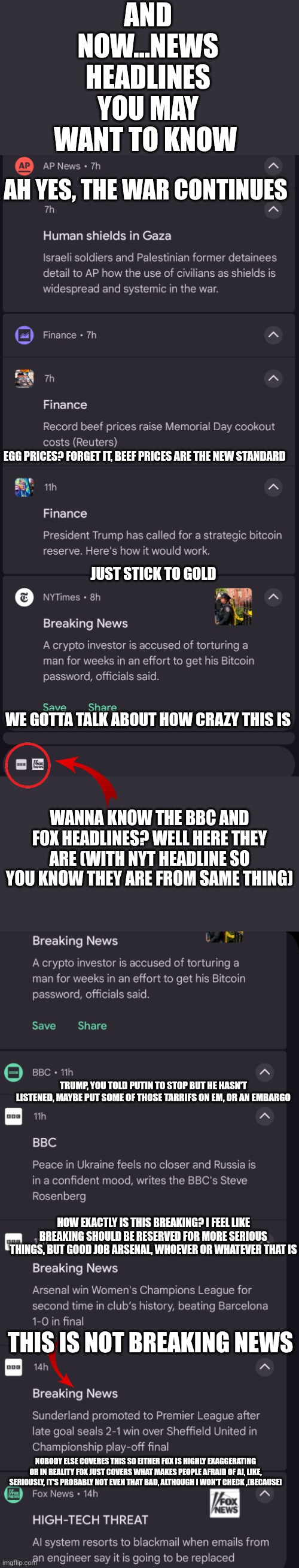 Bitcoin reserve is crazy, not the worst idea but I don't think it's good | AND NOW...NEWS HEADLINES YOU MAY WANT TO KNOW; AH YES, THE WAR CONTINUES; EGG PRICES? FORGET IT, BEEF PRICES ARE THE NEW STANDARD; JUST STICK TO GOLD; WE GOTTA TALK ABOUT HOW CRAZY THIS IS; WANNA KNOW THE BBC AND FOX HEADLINES? WELL HERE THEY ARE (WITH NYT HEADLINE SO YOU KNOW THEY ARE FROM SAME THING); TRUMP, YOU TOLD PUTIN TO STOP BUT HE HASN'T LISTENED, MAYBE PUT SOME OF THOSE TARRIFS ON EM, OR AN EMBARGO; HOW EXACTLY IS THIS BREAKING? I FEEL LIKE BREAKING SHOULD BE RESERVED FOR MORE SERIOUS THINGS, BUT GOOD JOB ARSENAL, WHOEVER OR WHATEVER THAT IS; THIS IS NOT BREAKING NEWS; NOBODY ELSE COVERES THIS SO EITHER FOX IS HIGHLY EXAGGERATING OR IN REALITY FOX JUST COVERS WHAT MAKES PEOPLE AFRAID OF AI, LIKE, SERIOUSLY, IT'S PROBABLY NOT EVEN THAT BAD, ALTHOUGH I WON'T CHECK ,(BECAUSE) | made w/ Imgflip meme maker