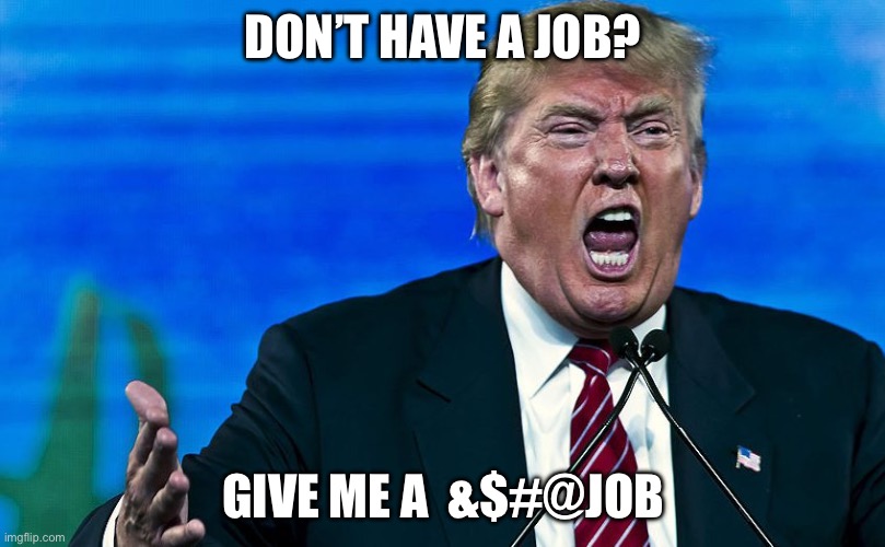 angry trump | DON’T HAVE A JOB? GIVE ME A  &$#@JOB | image tagged in angry trump | made w/ Imgflip meme maker