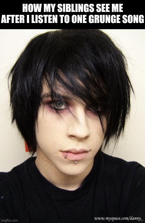 Its not even the right aesthetic?? | HOW MY SIBLINGS SEE ME AFTER I LISTEN TO ONE GRUNGE SONG | image tagged in emo,grunge,siblings | made w/ Imgflip meme maker