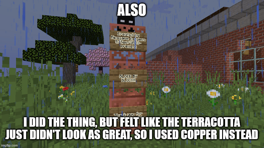 ALSO I DID THE THING, BUT FELT LIKE THE TERRACOTTA JUST DIDN'T LOOK AS GREAT, SO I USED COPPER INSTEAD | made w/ Imgflip meme maker