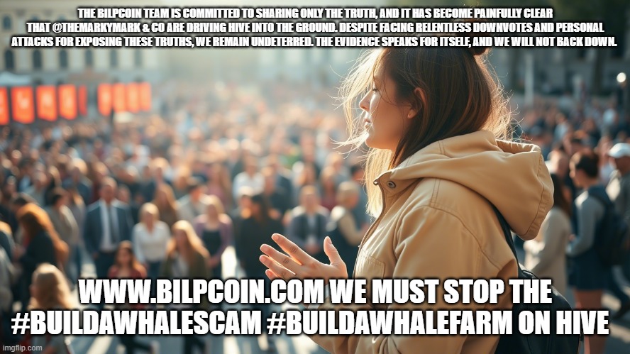 THE BILPCOIN TEAM IS COMMITTED TO SHARING ONLY THE TRUTH, AND IT HAS BECOME PAINFULLY CLEAR THAT @THEMARKYMARK & CO ARE DRIVING HIVE INTO THE GROUND. DESPITE FACING RELENTLESS DOWNVOTES AND PERSONAL ATTACKS FOR EXPOSING THESE TRUTHS, WE REMAIN UNDETERRED. THE EVIDENCE SPEAKS FOR ITSELF, AND WE WILL NOT BACK DOWN. WWW.BILPCOIN.COM WE MUST STOP THE #BUILDAWHALESCAM #BUILDAWHALEFARM ON HIVE | made w/ Imgflip meme maker