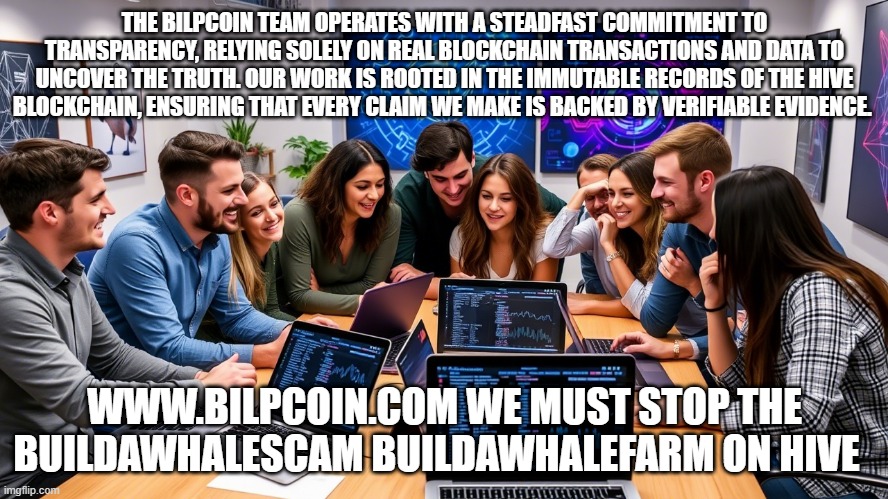 THE BILPCOIN TEAM OPERATES WITH A STEADFAST COMMITMENT TO TRANSPARENCY, RELYING SOLELY ON REAL BLOCKCHAIN TRANSACTIONS AND DATA TO UNCOVER THE TRUTH. OUR WORK IS ROOTED IN THE IMMUTABLE RECORDS OF THE HIVE BLOCKCHAIN, ENSURING THAT EVERY CLAIM WE MAKE IS BACKED BY VERIFIABLE EVIDENCE. WWW.BILPCOIN.COM WE MUST STOP THE BUILDAWHALESCAM BUILDAWHALEFARM ON HIVE | made w/ Imgflip meme maker