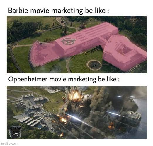 Barbie vs Oppenheimer | image tagged in barbie,meme,oppenheimer,lattice climbing,climbing,dark humor | made w/ Imgflip meme maker