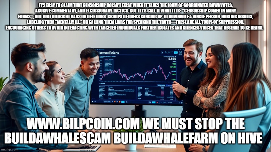 IT’S EASY TO CLAIM THAT CENSORSHIP DOESN’T EXIST WHEN IT TAKES THE FORM OF COORDINATED DOWNVOTES, ABUSIVE COMMENTARY, AND EXCLUSIONARY TACTICS. BUT LET’S CALL IT WHAT IT IS: **CENSORSHIP COMES IN MANY FORMS**, NOT JUST OUTRIGHT BANS OR DELETIONS. GROUPS OF USERS GANGING UP TO DOWNVOTE A SINGLE PERSON, HURLING INSULTS, LABELING THEM “MENTALLY ILL,” OR CALLING THEM LIARS FOR SPEAKING THE TRUTH—THESE ARE ALL TOOLS OF SUPPRESSION. ENCOURAGING OTHERS TO AVOID INTERACTING WITH TARGETED INDIVIDUALS FURTHER ISOLATES AND SILENCES VOICES THAT DESERVE TO BE HEARD. WWW.BILPCOIN.COM WE MUST STOP THE BUILDAWHALESCAM BUILDAWHALEFARM ON HIVE | made w/ Imgflip meme maker