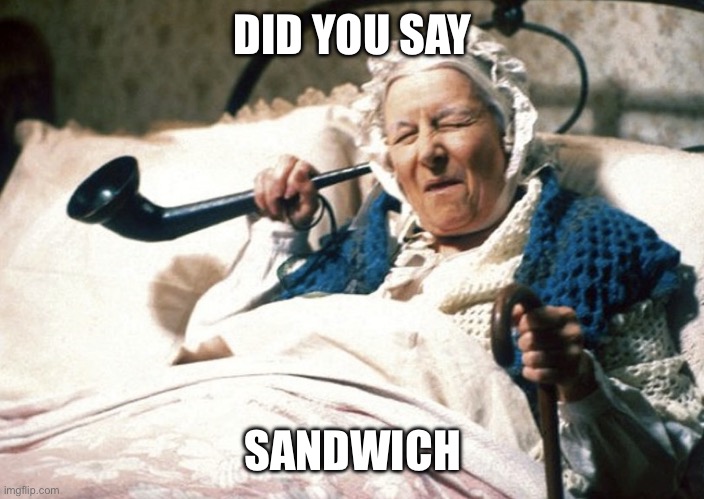 Old Woman deaf horn hearing aid JPP TOP | DID YOU SAY SANDWICH | image tagged in old woman deaf horn hearing aid jpp top | made w/ Imgflip meme maker