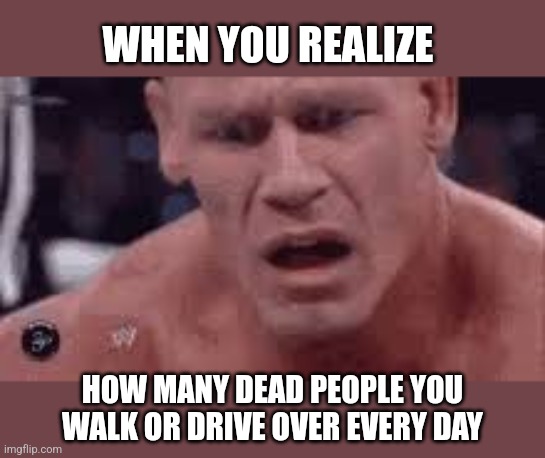 John Cena Sad / Confused | WHEN YOU REALIZE HOW MANY DEAD PEOPLE YOU WALK OR DRIVE OVER EVERY DAY | image tagged in john cena sad / confused | made w/ Imgflip meme maker