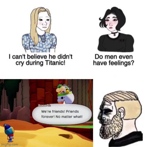 I hope Bowser Jr. will meet his friend "Buddy" again. | image tagged in chad crying,bowser jr,mario and luigi brothership | made w/ Imgflip meme maker