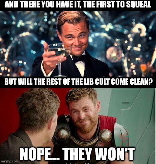 AND THERE YOU HAVE IT, THE FIRST TO SQUEAL BUT WILL THE REST OF THE LIB CULT COME CLEAN? NOPE... THEY WON'T | image tagged in lionardo dicaprio thank you,thor is he though | made w/ Imgflip meme maker