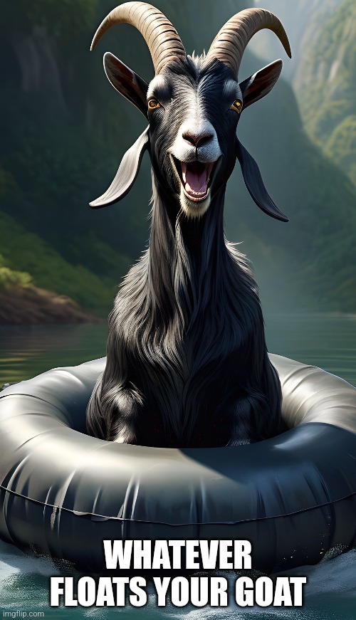 Whatever floats your goat | WHATEVER FLOATS YOUR GOAT | image tagged in goat,float,funny,water,mountains,tube | made w/ Imgflip meme maker