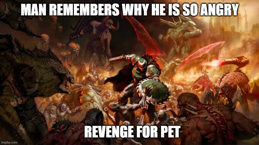 MAN REMEMBERS | MAN REMEMBERS WHY HE IS SO ANGRY; REVENGE FOR PET | image tagged in doom | made w/ Imgflip meme maker