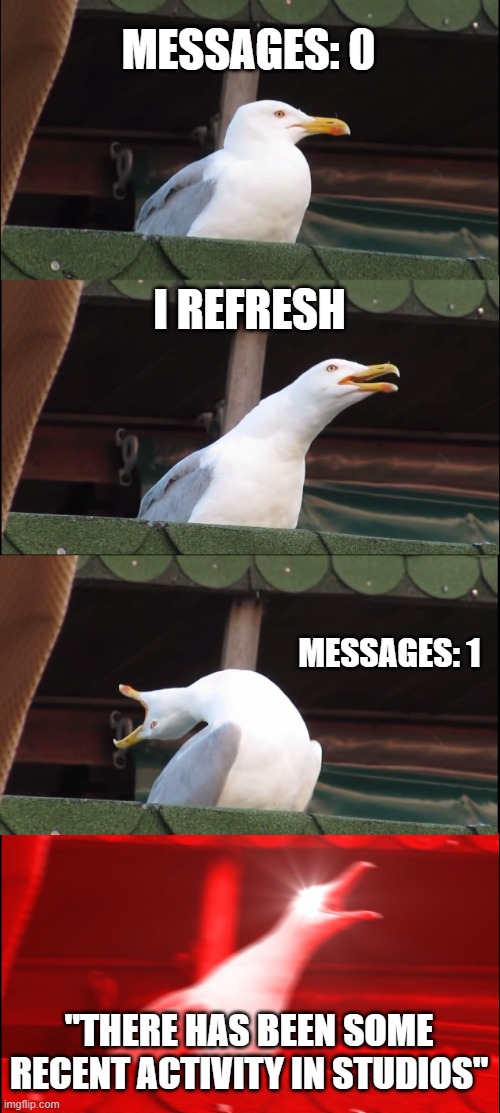 A Scratch Meme A Day: Day 5 | MESSAGES: 0; I REFRESH; MESSAGES: 1; "THERE HAS BEEN SOME RECENT ACTIVITY IN STUDIOS" | image tagged in memes,inhaling seagull,a scratch meme a day | made w/ Imgflip meme maker