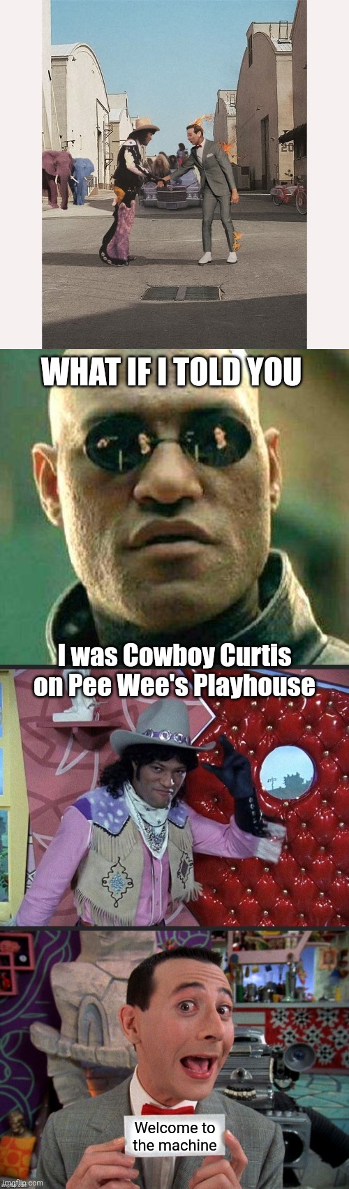 Pee Wee Floyd | WHAT IF I TOLD YOU; I was Cowboy Curtis on Pee Wee's Playhouse; Welcome to the machine | image tagged in what if i told you,pee wee secret word,cowboy curtis,morpheus,pink floyd,classic rock | made w/ Imgflip meme maker