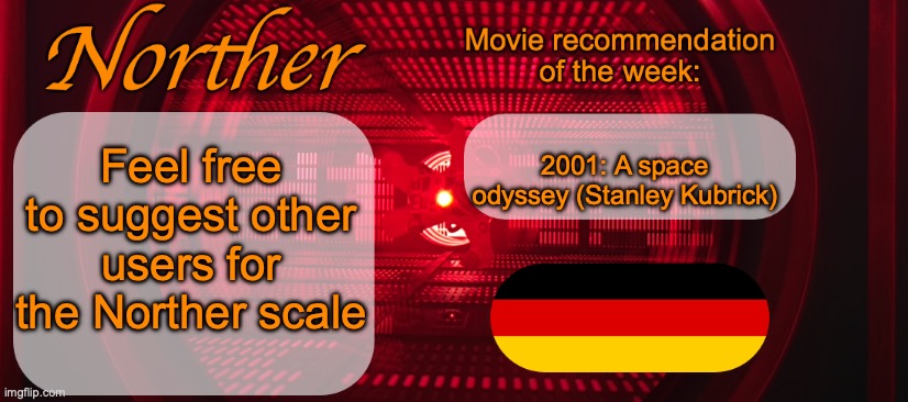 Norther announcement temp V2 | Feel free to suggest other users for the Norther scale; 2001: A space odyssey (Stanley Kubrick) | image tagged in norther announcement temp v2 | made w/ Imgflip meme maker