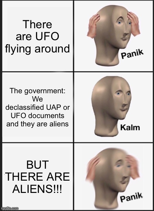 declassifying UFO documents | There are UFO flying around; The government: We declassified UAP or UFO documents and they are aliens; BUT THERE ARE ALIENS!!! | image tagged in memes,panik kalm panik,ufo | made w/ Imgflip meme maker