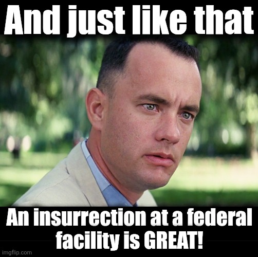 And just like that An insurrection at a federal
facility is GREAT! | image tagged in memes,and just like that,blank black | made w/ Imgflip meme maker