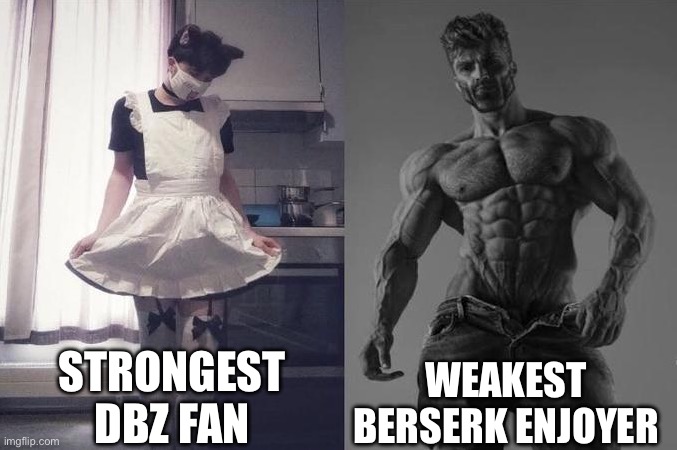 Seinen is a true masterpiece (shonen is not a masterpiece neither is moe) | STRONGEST DBZ FAN; WEAKEST BERSERK ENJOYER | image tagged in strongest fan vs weakest fan,dragon ball z,berserk,seinen,shonen | made w/ Imgflip meme maker