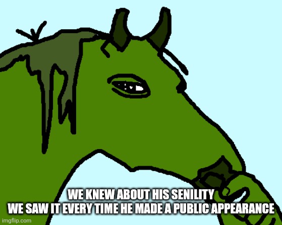 horse pepe | WE KNEW ABOUT HIS SENILITY
WE SAW IT EVERY TIME HE MADE A PUBLIC APPEARANCE | image tagged in horse pepe | made w/ Imgflip meme maker