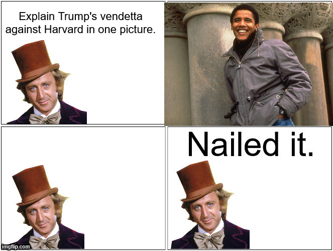 Nailed It Wonka | Explain Trump's vendetta against Harvard in one picture. | image tagged in nailed it wonka | made w/ Imgflip meme maker