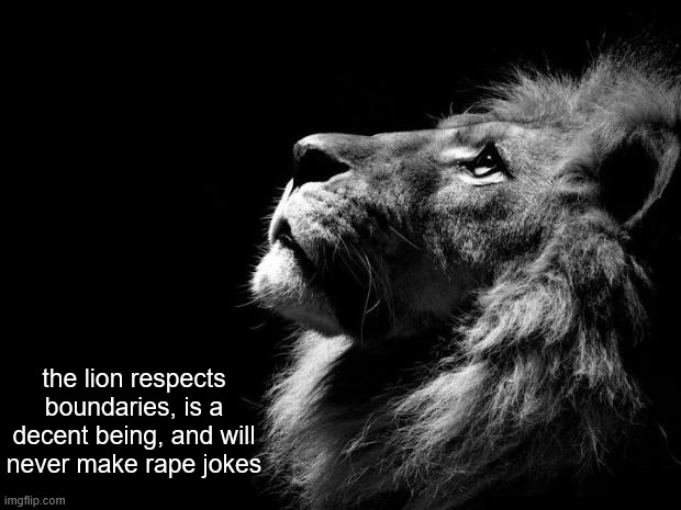 sad lion | the lion respects boundaries, is a decent being, and will never make rape jokes | image tagged in sad lion | made w/ Imgflip meme maker