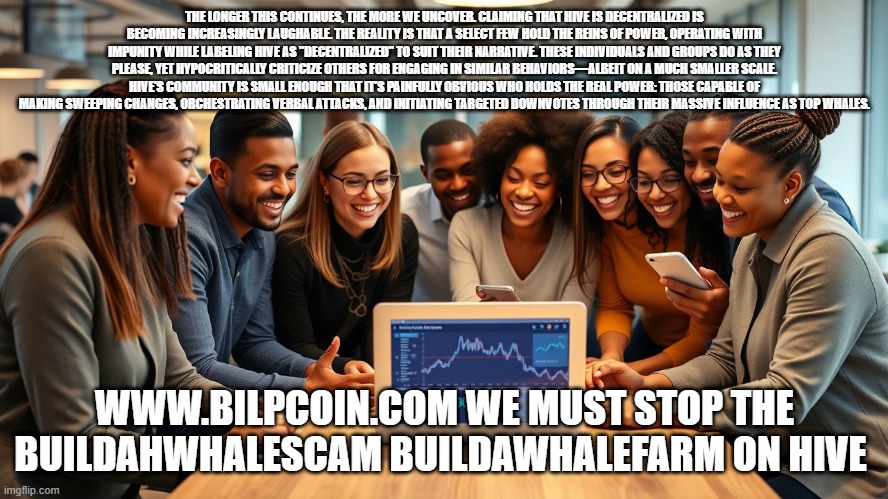 THE LONGER THIS CONTINUES, THE MORE WE UNCOVER. CLAIMING THAT HIVE IS DECENTRALIZED IS BECOMING INCREASINGLY LAUGHABLE. THE REALITY IS THAT A SELECT FEW HOLD THE REINS OF POWER, OPERATING WITH IMPUNITY WHILE LABELING HIVE AS "DECENTRALIZED" TO SUIT THEIR NARRATIVE. THESE INDIVIDUALS AND GROUPS DO AS THEY PLEASE, YET HYPOCRITICALLY CRITICIZE OTHERS FOR ENGAGING IN SIMILAR BEHAVIORS—ALBEIT ON A MUCH SMALLER SCALE. HIVE’S COMMUNITY IS SMALL ENOUGH THAT IT’S PAINFULLY OBVIOUS WHO HOLDS THE REAL POWER: THOSE CAPABLE OF MAKING SWEEPING CHANGES, ORCHESTRATING VERBAL ATTACKS, AND INITIATING TARGETED DOWNVOTES THROUGH THEIR MASSIVE INFLUENCE AS TOP WHALES. WWW.BILPCOIN.COM WE MUST STOP THE BUILDAHWHALESCAM BUILDAWHALEFARM ON HIVE | made w/ Imgflip meme maker