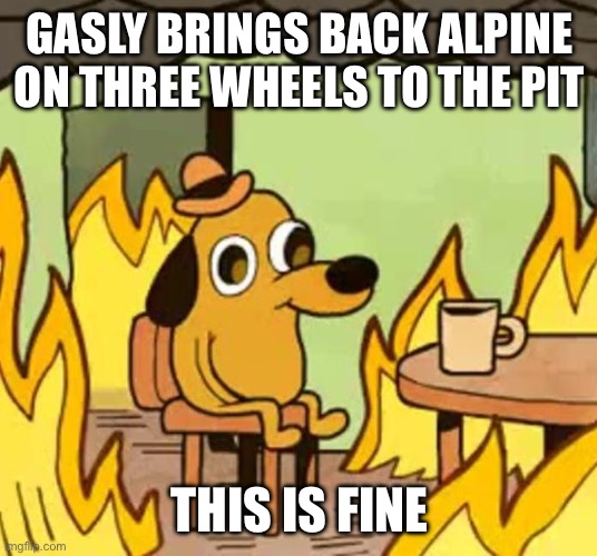 Monaco Gasly | GASLY BRINGS BACK ALPINE ON THREE WHEELS TO THE PIT; THIS IS FINE | image tagged in its fine | made w/ Imgflip meme maker