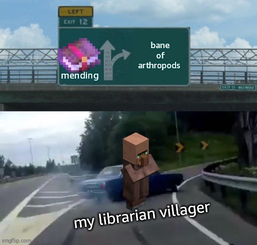 bane of mending | bane of arthropods; mending; my librarian villager | image tagged in memes,left exit 12 off ramp | made w/ Imgflip meme maker