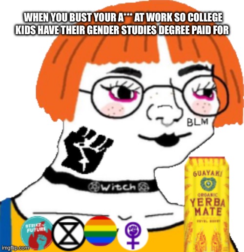 Gender studies loan | WHEN YOU BUST YOUR A*** AT WORK SO COLLEGE KIDS HAVE THEIR GENDER STUDIES DEGREE PAID FOR | image tagged in leftist emily,college liberal | made w/ Imgflip meme maker