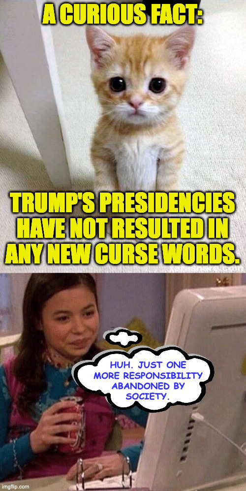 Change my mind. | A CURIOUS FACT:; TRUMP'S PRESIDENCIES
HAVE NOT RESULTED IN
ANY NEW CURSE WORDS. HUH. JUST ONE
MORE RESPONSIBILITY
ABANDONED BY
SOCIETY. | image tagged in memes,cute cat,icarly interesting | made w/ Imgflip meme maker