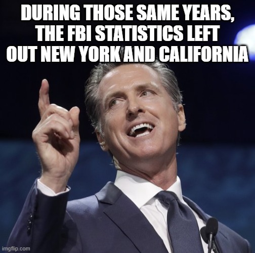 Gavin newsom | DURING THOSE SAME YEARS, THE FBI STATISTICS LEFT OUT NEW YORK AND CALIFORNIA | image tagged in gavin newsom | made w/ Imgflip meme maker