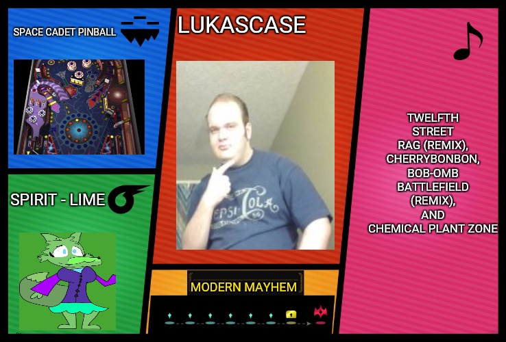 New Smash Bros DLC Leaked | SPACE CADET PINBALL; LUKASCASE; TWELFTH STREET RAG (REMIX), CHERRYBONBON, BOB-OMB BATTLEFIELD (REMIX), AND CHEMICAL PLANT ZONE; SPIRIT - LIME; MODERN MAYHEM | image tagged in smash ultimate dlc fighter profile | made w/ Imgflip meme maker