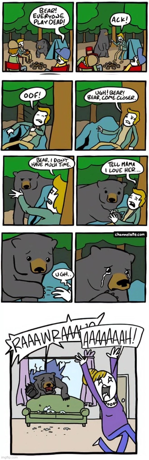 image tagged in comics,camping,bear,play dead | made w/ Imgflip meme maker