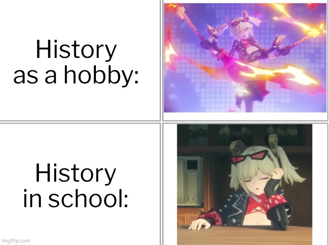 History is awesome, as long it's not in school. | History as a hobby:; History in school: | image tagged in memes,history | made w/ Imgflip meme maker