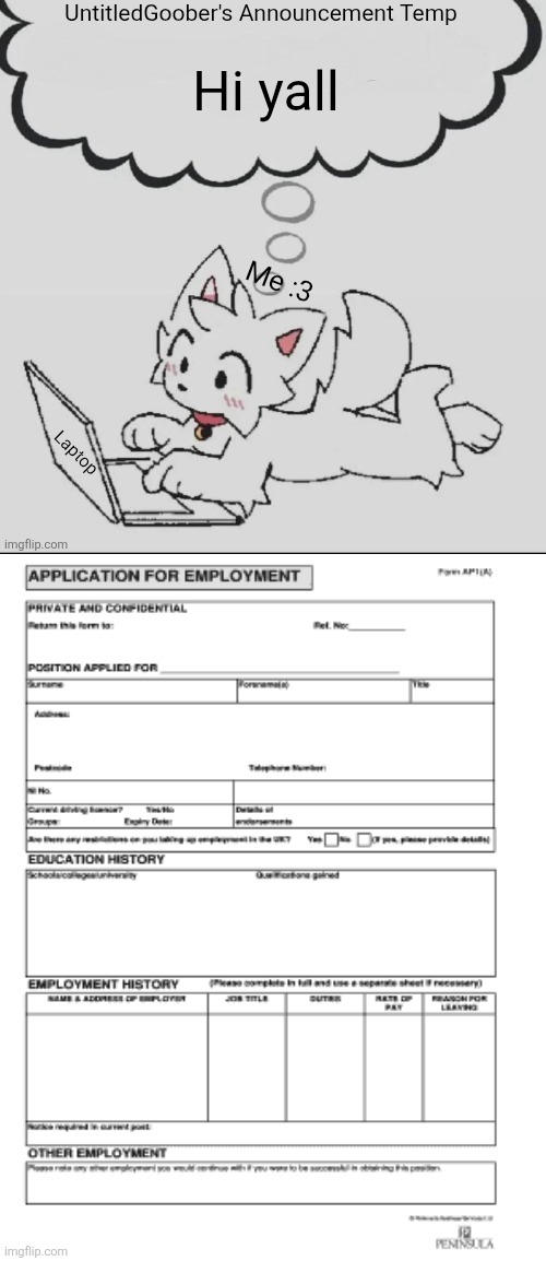 Is homeowner active?is he going to flame me again for no reason? (Just asking) | Hi yall | image tagged in 3,blank job application | made w/ Imgflip meme maker