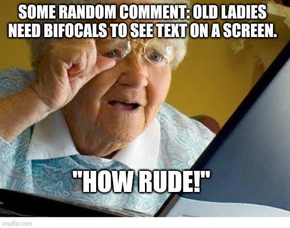Old lady | SOME RANDOM COMMENT: OLD LADIES NEED BIFOCALS TO SEE TEXT ON A SCREEN. "HOW RUDE!" | image tagged in old lady at computer,funny memes | made w/ Imgflip meme maker