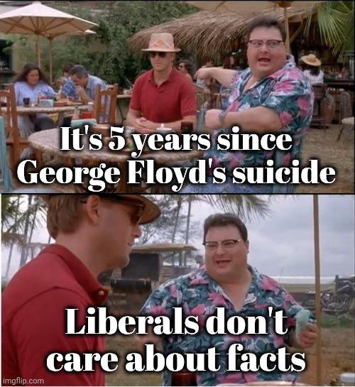 See Nobody Cares Meme | It's 5 years since George Floyd's suicide Liberals don't care about facts | image tagged in memes,see nobody cares | made w/ Imgflip meme maker
