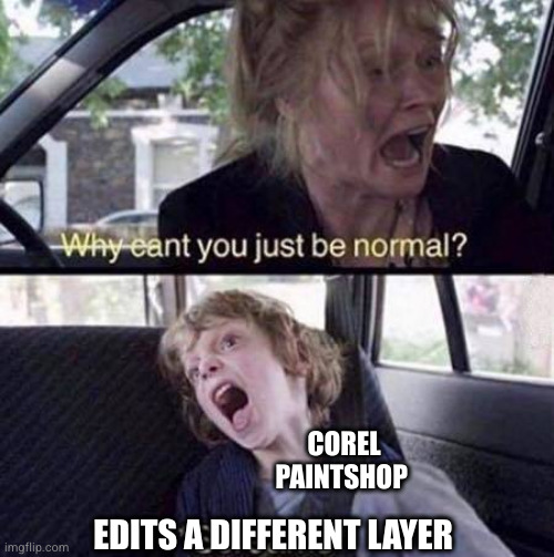 Why Can't You Just Be Normal | COREL PAINTSHOP; EDITS A DIFFERENT LAYER | image tagged in why can't you just be normal | made w/ Imgflip meme maker