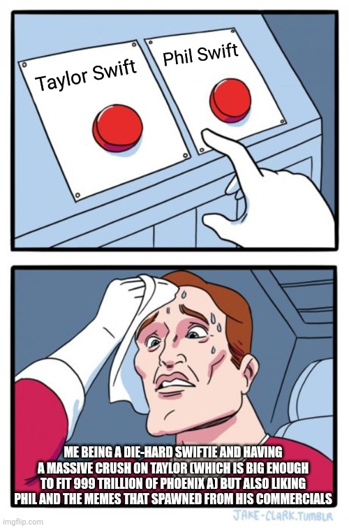 Two Buttons Meme | Taylor Swift Phil Swift ME BEING A DIE-HARD SWIFTIE AND HAVING A MASSIVE CRUSH ON TAYLOR (WHICH IS BIG ENOUGH TO FIT 999 TRILLION OF PHOENIX | image tagged in memes,two buttons | made w/ Imgflip meme maker