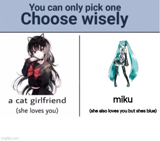 dabadedabady | miku; (she also loves you but shes blue) | image tagged in choose wisely | made w/ Imgflip meme maker