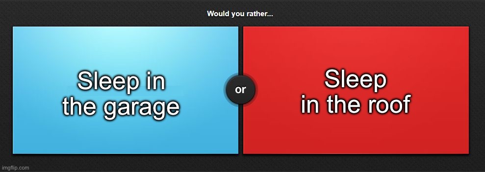 Would you rather | Sleep in the garage; Sleep in the roof | image tagged in would you rather,msmg | made w/ Imgflip meme maker